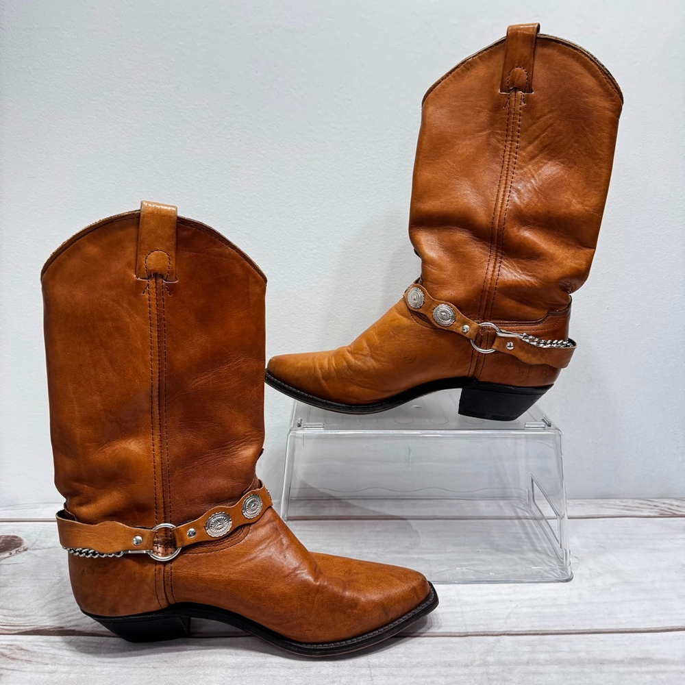 Tan Camel Abilene Western Boots Genuine Leather Silver Concho Strap Cowgirl 7.5M - Picture 2 of 10
